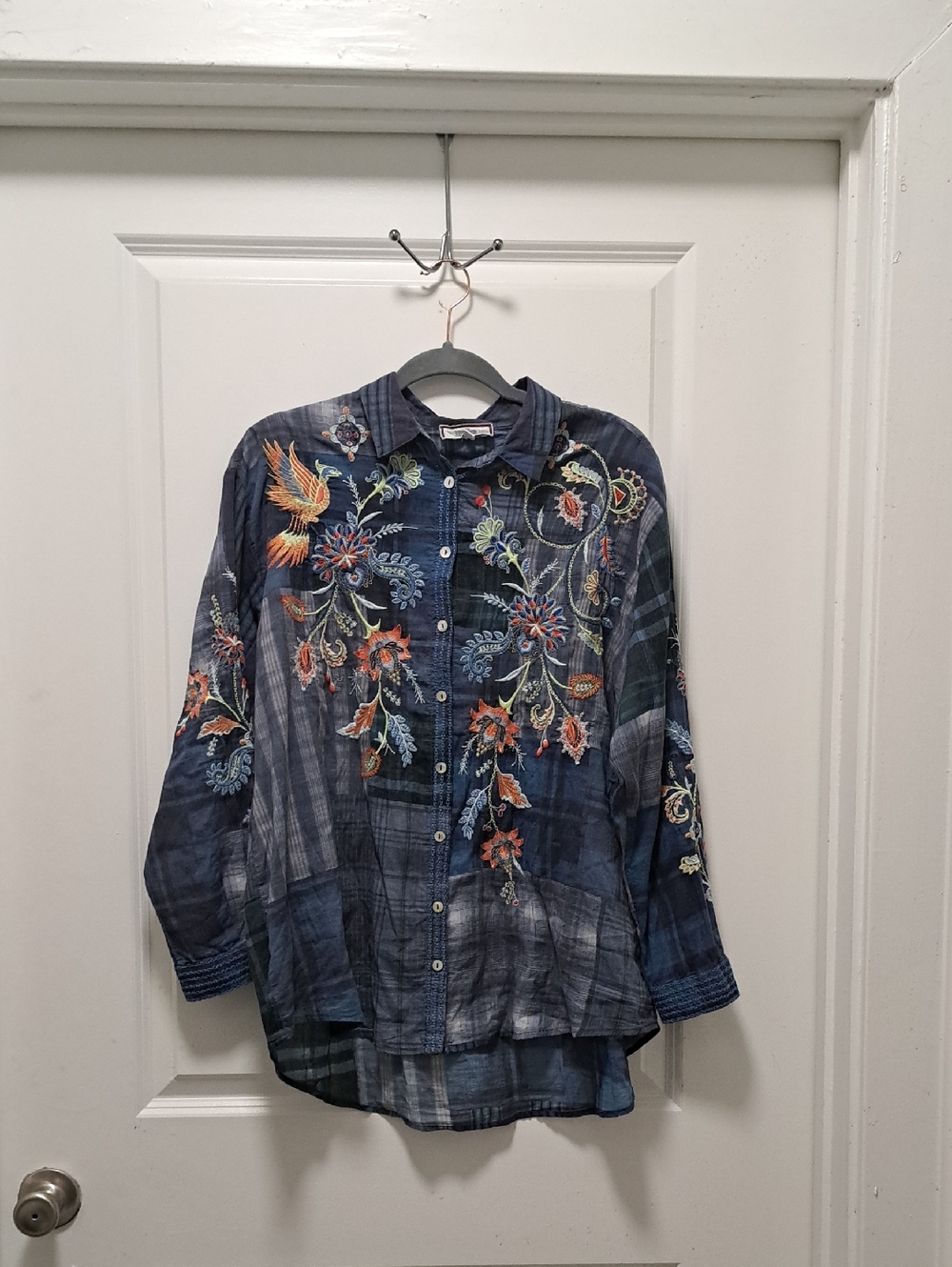 Embroidered Blue Whimsical Plad Top